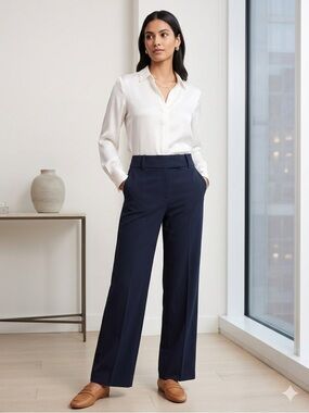 NWOT Ann Taylor Women’s 8 Navy Blue Flare Rayon Trouser Dress Pant M Classic